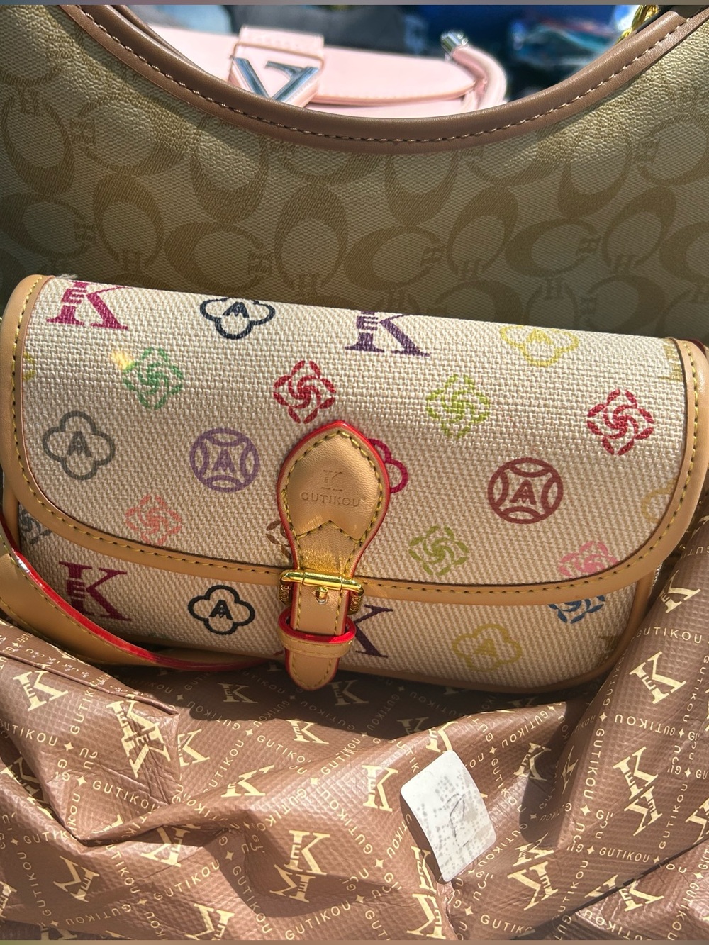 Multicolor Logo-Print Canvas Crossbody Bag - Beige
